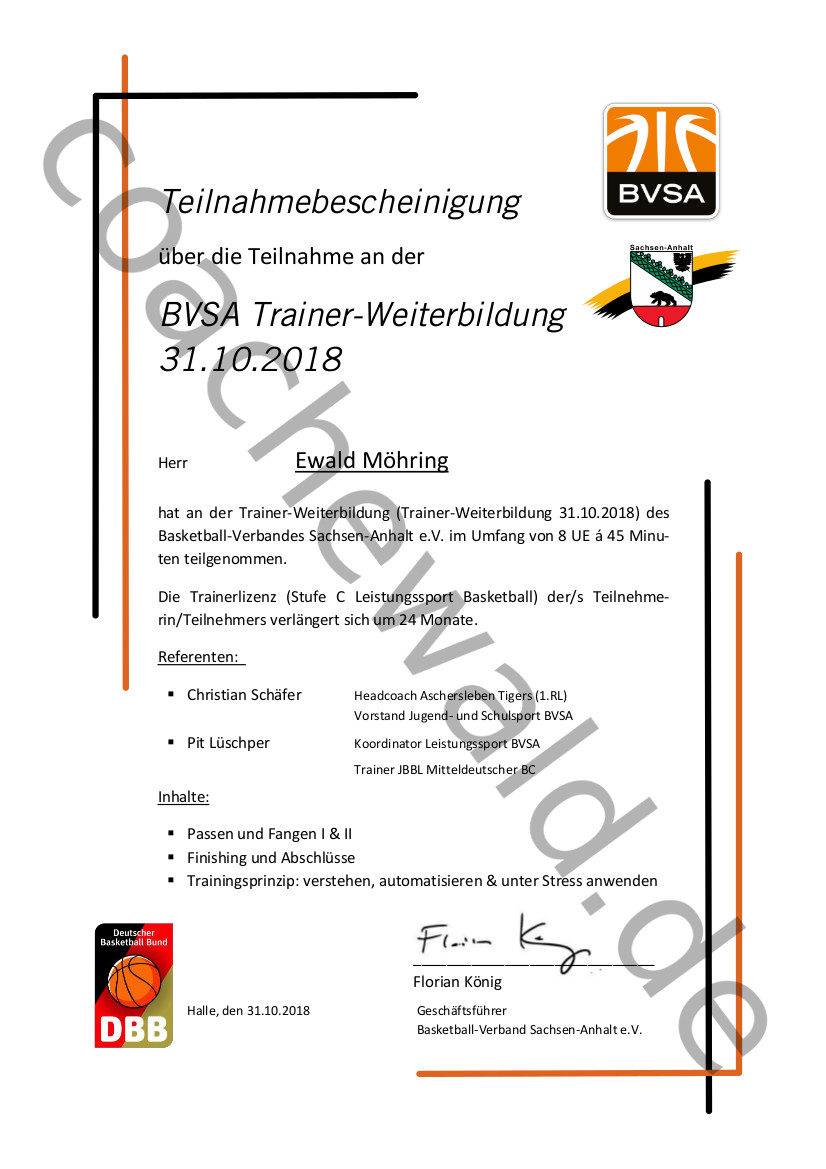 Teilnahmebestätigung BVSA Trainer-Weiterbildung